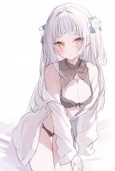 Rule 34 | 1girl, blue ribbon, hair ribbon, hakua aa, highres, hololive, looking at viewer, murasaki shion, ribbon, simple background, solo, underwear, virtual youtuber, white background, white hair