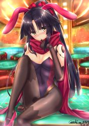 Rule 34 | 1girl, adapted costume, animal ears, black hair, black pantyhose, blush, breasts, covered navel, doll joints, fake animal ears, fate/grand order, fate (series), high heels, high ponytail, highres, joints, katou danzou (fate), leotard, long hair, medium breasts, pantyhose, playboy bunny, ponytail, rabbit ears, red scarf, robot joints, scarf, sebire, sitting, solo, strapless, strapless leotard, yellow eyes