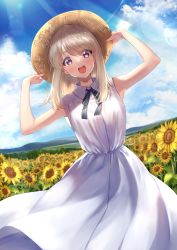 Rule 34 | 1girl, :d, amagi shino, bare arms, blonde hair, blue sky, cloud, commentary request, day, dress, field, flower, hands on headwear, hat, highres, lens flare, long hair, looking at viewer, mountain, open mouth, original, outdoors, purple eyes, sidelocks, sky, sleeveless, sleeveless dress, smile, solo, straw hat, sundress, sunflower, white dress