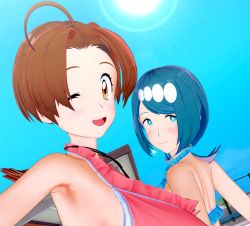 Rule 34 | 2girls, 3d, antenna hair, artist request, blue eyes, blue hair, blush, breasts, brown eyes, brown hair, creatures (company), delia ketchum, game freak, lana&#039;s mother (pokemon), long hair, looking at viewer, multiple girls, nintendo, pokemon, pokemon (anime), pokemon sm (anime), ponytail, shiny skin, simple background, sky, smile, sunlight, swimsuit, upper body