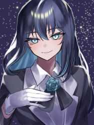Rule 34 | 1girl, absurdres, ado (utaite), black bow, black bowtie, black hair, black jacket, blue eyes, blue flower, blue hair, blue rose, bow, bowtie, chando (ado), closed mouth, cloud nine inc, collared shirt, colored inner hair, commentary, flower, flower brooch, gloves, hair between eyes, hand on own chest, highres, jacket, light particles, long hair, long sleeves, looking at viewer, mole, mole under eye, multicolored hair, rose, shirt, sidelocks, solo, tsukuno tsuki, upper body, utaite, white gloves, white shirt