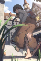 Rule 34 | 1boy, 1girl, absurdres, barefoot, barrel, black hair, blush, braid, brown eyes, dirty, dirty feet, dress, facial hair, feet, foot focus, hair ornament, hair ribbon, hairclip, highres, jewelry, kafei ji, long hair, looking back, mustache, necklace, original, patchwork clothes, plant, pot, ribbon, scarf, soles, stairs, standing, standing on one leg, tiptoes, toes, town, traditional dress, village