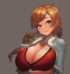 Rule 34 | 1girl, benevolent leanne, braid, breasts, cleavage, dress, gloves, green eyes, grey background, huge breasts, jewelry, last origin, long hair, looking at viewer, necklace, nyanom, orange hair, pearl necklace, playing with own hair, red dress, simple background, single braid, smile, solo