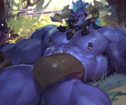 Rule 34 | 1boy, alistar (league of legends), bara, biceps, bulge, colored sclera, earrings, english text, forest, furry, furry male, girthy penis, horns, jewelry, large pectorals, large penis, league of legends, light blush, male focus, muscular, muscular male, nature, nipple piercing, nipples, nose piercing, nose ring, null-ghost, on ground, pectorals, penis, penis peek, piercing, red eyes, red sclera, scar, scar on chest, scar on shoulder, single earring, solo, thick thighs, thighs