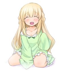 Rule 34 | 10s, 1girl, aged down, bad id, bad pixiv id, blonde hair, blue eyes, blush, child, closed eyes, full body, kawajuu, long hair, neptune (series), open mouth, sleeves past wrists, smile, solo, vert (neptunia)