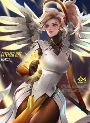 Rule 34 | 1girl, blonde hair, blue eyes, breasts, citemer, halo, large breasts, mechanical halo, mechanical wings, mercy (overwatch), overwatch, overwatch 1, pantyhose, ponytail, solo, spread wings, staff, wings, yellow wings
