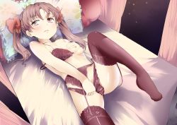 Rule 34 | 10s, 1girl, 2012, bad id, bad pixiv id, bare shoulders, bed, black panties, blush, bra, breasts, brown eyes, brown hair, cleavage, collarbone, female focus, furisuku, garter belt, grabbing, grabbing another&#039;s breast, hair ornament, hair ribbon, head on pillow, indoors, leg lift, leg up, lingerie, long hair, looking at viewer, looking up, lying, matching hair/eyes, on back, on bed, open mouth, panties, panty pull, pillow, red thighhighs, ribbon, shirai kuroko, small breasts, solo, thighhighs, toaru kagaku no railgun, toaru majutsu no index, twintails, underwear, underwear only, unfastened
