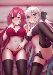 Rule 34 | 2girls, baobhan sith (fate), black bow, blue eyes, blush, bow, bra, braid, breasts, cleavage, elfenlied22, fate/grand order, fate (series), french braid, grey eyes, grey hair, grin, hair bow, large breasts, long hair, looking at viewer, looking to the side, morgan le fay (fate), mother and daughter, multiple girls, navel, panties, pink hair, pointy ears, ponytail, pussy juice, pussy juice drip through clothes, sidelocks, smile, spread legs, thighs, underwear, very long hair