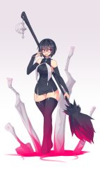 Rule 34 | 1girl, :d, absurdres, bare shoulders, black dress, black gloves, black hair, black thighhighs, bracelet, bridal gauntlets, broom, commentary, crescent moon symbol, dress, elbow gloves, full body, glasses, gloves, glowing, hair between eyes, hair ornament, hairclip, highres, holding, holding broom, jewelry, looking to the side, open mouth, original, pink eyes, short dress, short hair, sleeveless, sleeveless dress, smile, solo, standing, sub-res, thighhighs