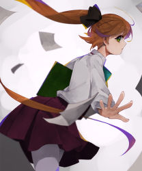 Rule 34 | 10s, 1girl, ahoge, akigumo (kancolle), brown hair, from side, gradient background, green eyes, hair ornament, hair ribbon, holding, kantai collection, long hair, looking at viewer, outstretched arm, pantyhose, paper, pleated skirt, ponytail, ribbon, sayori (oskn), school uniform, skirt, solo, thighhighs, very long hair