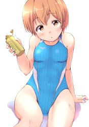 Rule 34 | 1girl, absurdres, blue one-piece swimsuit, commentary request, competition swimsuit, cowboy shot, highres, hoshizora rin, looking at viewer, love live!, love live! school idol project, one-piece swimsuit, orange eyes, orange hair, sen (sen0910), short hair, simple background, sitting, solo, swimsuit, white background