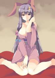 Rule 34 | 1girl, alternate costume, animal ears, bad id, bad pixiv id, barefoot, bow, breasts, rabbit ears, cleavage, crescent, crescent hair ornament, fake animal ears, hair bow, hair ornament, hasebe yuusaku, japanese clothes, kimono, large breasts, long hair, looking at viewer, patchouli knowledge, purple eyes, purple hair, solo, touhou