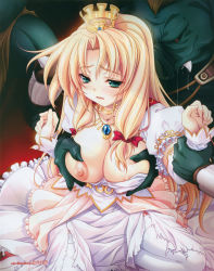 Rule 34 | 1girl, arm grab, bestiality, blonde hair, blush, bow, breast slip, breasts, cleavage, clothes pull, colored skin, crown, detached sleeves, dress, dress pull, fang, gang rape, grabbing, grabbing another&#039;s breast, green eyes, green skin, groping, hat, highres, interspecies, jewelry, kneeling, large breasts, long hair, miyama-zero, monster, necklace, nipple slip, nipples, no bra, one breast out, open mouth, pendant, princess, pulling another&#039;s clothes, rape, restrained, saliva, solo, tears, thighhighs, white thighhighs