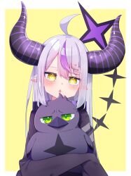 Rule 34 | 1girl, absurdres, ahoge, animal, black horns, blush, braid, braided bangs, chestnut mouth, collar, commentary request, crow (la+ darknesss), demon girl, demon horns, double-parted bangs, grey hair, heart, heart-shaped pupils, highres, holding, holding animal, hololive, horns, huge horns, kamaboko (kmm15a), la+ darknesss, la+ darknesss (1st costume), long hair, looking at viewer, metal collar, multicolored hair, open mouth, pointy ears, purple hair, simple background, sleeves past fingers, sleeves past wrists, solo, streaked hair, striped horns, symbol-shaped pupils, tail, virtual youtuber, yellow background, yellow eyes