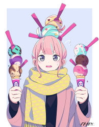 Rule 34 | 1girl, absurdres, aqua hair, artist name, baskin-robbins, beige jacket, black shirt, blonde hair, blue background, blue eyes, blunt bangs, brand name imitation, commentary request, double bun, dual wielding, fami (yellow skies), flying sweatdrops, food, food-themed hair ornament, fringe trim, hair bun, hair ornament, hands up, heart, heart hair ornament, highres, holding, holding food, ice cream, ice cream cone, ice cream spoon, jacket, logo parody, long sleeves, looking at viewer, multicolored hair, open clothes, open jacket, open mouth, original, outside border, pink hair, scarf, shirt, sidelocks, simple background, solo, spoon, spoon hair ornament, star (symbol), star hair ornament, straight-on, streaked hair, sweatdrop, triple scoop, upper body, white hair, yellow scarf