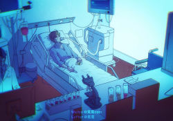 Rule 34 | 2boys, bai qi (love and producer), bed, bed sheet, blue theme, brown eyes, brown hair, coat, computer, highres, hospital, hospital bed, hospital gown, indoors, lab coat, laboratory, long sleeves, love and producer, microscope, monitor, multiple boys, paper, rabbitcamilla, short hair, white coat