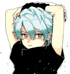 Rule 34 | 1boy, arms up, bad id, bad pixiv id, black nails, black shirt, blue eyes, blue hair, check copyright, closed mouth, copyright request, dynamic chord, e (xrpa4zlquxlfk27), earrings, fingernails, hair between eyes, jewelry, light blue hair, looking at viewer, male focus, nail polish, pinky ring, ring, shirt, short hair, simple background, solo, upper body, white background