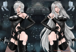 Rule 34 | 1girl, alternate hair length, alternate hairstyle, armlet, bare shoulders, black gloves, black shorts, blue eyes, closed mouth, elbow gloves, gloves, hand on own stomach, holding, holding sword, holding weapon, jae haru, joints, katana, long hair, looking at viewer, mole, mole under mouth, nier (series), nier:automata, pink lips, pod (nier:automata), robot joints, short hair, short shorts, shorts, silver hair, standing, sword, tank top, very long hair, weapon, a2 (nier:automata)
