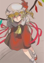 Rule 34 | 1girl, blonde hair, crystal, flandre scarlet, from above, hair between eyes, hat, hat ribbon, highres, jimao, looking at viewer, mob cap, one side up, red eyes, red footwear, red ribbon, red vest, ribbon, shirt, short hair, short sleeves, sketch, socks, solo, touhou, vest, white hat, white shirt, wings, yellow ribbon