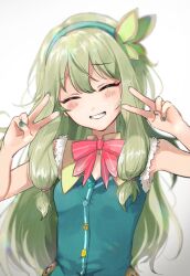 Rule 34 | !, 1girl, back bow, bow, bowtie, butterfly hair ornament, closed eyes, dancing omochi, double v, dress, green hair, green vest, grin, hair ornament, hairband, hands up, kusanagi nene, long hair, low-tied sidelocks, open mouth, pink bow, pink bowtie, project sekai, smile, solo, v, vest, wonderhoy, yellow dress