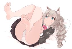 Rule 34 | 1girl, animal ear fluff, animal ears, barefoot, blouse, bow, bowtie, braid, cat ears, collared shirt, commentary request, commission, crotch seam, feet, foot focus, greek toe, green eyes, hair between eyes, highres, kahlua (artist), knees together feet apart, layered sleeves, legs, legs up, long hair, lying, necktie, open mouth, original, panties, pillow, red bow, red bowtie, shirt, silver hair, skeb commission, skirt, soles, solo, sweatdrop, thighs, toes, twin braids, underwear, white background, white panties, white shirt