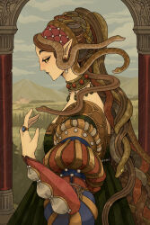 Rule 34 | 1girl, absurdres, arm up, choker, closed mouth, colored sclera, column, dress, earrings, eyelashes, faithschaffer, fantasy, forest, greek mythology, highres, jewelry, juliet sleeves, long hair, long sleeves, looking down, medusa (mythology), mountain, multicolored clothes, nature, original, pillar, pointy ears, profile, puffy sleeves, ring, slit pupils, snake, snake hair, upper body, yellow sclera