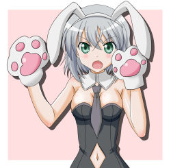 Rule 34 | 1girl, animal ears, animal hands, breasts, fang, hand fan, highres, medium breasts, navel, rabbit ears, sanya v. litvyak, solo, strike witches, takumi (rozen garten), white hair, world witches series