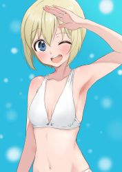 Rule 34 | 1girl, ;d, absurdres, armpits, bikini, blonde hair, blue background, blue eyes, breasts, commentary, erica hartmann, highres, kuroniko, looking at viewer, navel, one eye closed, open mouth, salute, short hair, skindentation, small breasts, smile, solo, strike witches, swimsuit, white bikini, world witches series