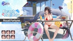 Rule 34 | 1girl, :d, artist request, azur lane, barefoot, beach, between breasts, bikini, black hair, blue sky, book, book stack, bracelet, breast rest, breasts, cloud, commentary, copyright name, copyright notice, cup, day, drink, drinking straw, elbow rest, english commentary, english text, feet, food, foot out of frame, full body, highres, holding, holding book, innertube, jewelry, large breasts, legs, looking at viewer, manjuu (azur lane), multiple views, navel, official alternate costume, official art, open mouth, outdoors, red bikini, red eyes, royal fortune (azur lane), royal fortune (eyes on the prize) (azur lane), shaved ice, sitting, sky, smile, stomach, swim ring, swimsuit, table, tentacle hair, tentacles, thighs, toenails, toes