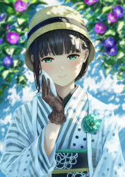 Rule 34 | 1girl, alternate hairstyle, bad id, bad pixiv id, black gloves, black hair, blunt bangs, blurry, blurry background, brown hat, closed mouth, dappled sunlight, day, floral background, floral print, flower, gloves, green eyes, green flower, hand up, handkerchief, hat, highres, japanese clothes, kimono, kurosawa dia, lace, lace gloves, light blush, long sleeves, looking at viewer, love live!, love live! school idol festival, love live! school idol festival all stars, love live! sunshine!!, mole, mole under mouth, obi, outdoors, papi (papiron100), polka dot, polka dot kimono, print gloves, purple flower, sash, see-through, shade, short hair, single sidelock, smile, solo, striped clothes, striped kimono, sunlight, upper body, vertical-striped clothes, vertical-striped kimono, white kimono, wiping face