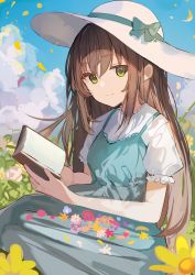 Rule 34 | 1girl, absurdres, aqua bow, aqua dress, aroa (aroamoyasi), blue sky, book, bow, brown hair, closed mouth, cloud, commentary, commission, day, dress, english commentary, falling petals, field, flower, flower field, green eyes, hat, highres, holding, holding book, long hair, looking at viewer, nature, original, petals, pixiv commission, puffy short sleeves, puffy sleeves, shirt, short sleeves, sidelocks, sitting, sky, smile, sun hat, sunflower, sunflower field, white shirt