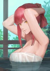 Rule 34 | 1girl, absurdres, ano (gccx8784), armpits, arms up, bathing, breasts, chainsaw man, highres, large breasts, looking at viewer, makima (chainsaw man), naked towel, partially submerged, red hair, solo, towel, tying hair, upper body, water, wet, window, yellow eyes