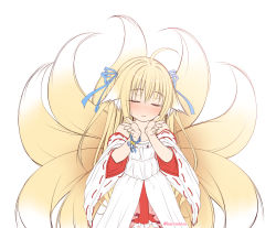 Rule 34 | 1girl, ahoge, animal ear fluff, animal ears, bare shoulders, bell, blonde hair, blue ribbon, blush, closed eyes, detached sleeves, dress, fox ears, fox girl, fox tail, frilled skirt, frills, hair between eyes, hair ribbon, hands up, haryuu (poetto), highres, jingle bell, kitsune, kyuubi, long hair, looking at viewer, multiple tails, original, parted lips, pleated skirt, red skirt, ribbon, ribbon-trimmed sleeves, ribbon trim, short sleeves, simple background, skirt, sleeveless, sleeveless dress, solo, tail, twitter username, two side up, umapyoi densetsu, very long hair, white background, white dress, white sleeves, wide sleeves