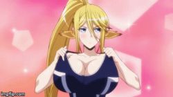 Rule 34 | 10s, 1girl, animal ears, animated, animated gif, bare shoulders, blonde hair, blue eyes, breast lift, breasts, centaur, centorea shianus, cleavage, clothes lift, dress, dress lift, horse, horse ears, horse tail, huge breasts, large breasts, long hair, lowres, monster girl, monster musume no iru nichijou, navel, non-web source, ponytail, screencap, solo, subtitled, swimsuit, tail, taur