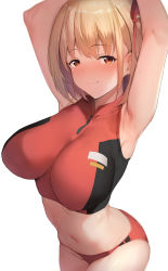 Rule 34 | 1girl, armpits, arms behind head, blonde hair, blush, breasts, brown eyes, buruma, closed mouth, commentary request, covered erect nipples, cowboy shot, crop top, from above, highres, impossible clothes, impossible shirt, large breasts, looking at viewer, lycoris recoil, medium hair, midriff, navel, nishikigi chisato, official alternate costume, shirt, simple background, sleeveless, smile, solo, sportswear, stain, stained clothes, sweat, viral1112, white background