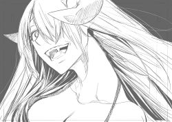 Rule 34 | 1girl, :d, absurdres, breasts, cleavage, close-up, demon horns, fangs, greyscale, hair over one eye, highres, horns, kojima takeshi, long hair, looking at viewer, monochrome, open mouth, original, slit pupils, smile, solo