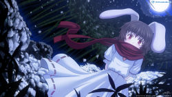 Rule 34 | 1girl, animal ears, arms behind back, blush, brown hair, cloud, dutch angle, female focus, highres, inaba tewi, iyamato, looking at viewer, moon, rabbit ears, red eyes, short hair, sky, snowing, solo, touhou
