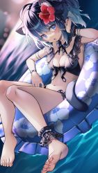 Rule 34 | 1girl, ahoge, animal ear fluff, animal ears, ankle cuffs, armlet, barefoot, bikini, blue eyes, blue hair, blurry, blurry background, breasts, cat ears, cat girl, cat tail, cleavage, detached collar, feet, female focus, flower, hair flower, hair ornament, hibiscus, highres, innertube, looking at viewer, medium breasts, mitake eil, navel, open mouth, original, ponytail, sideways, single wrist cuff, solo, swim ring, swimsuit, tail, toes, water, wrist cuffs