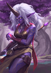 Rule 34 | 1girl, absurdres, alternate hairstyle, arm tattoo, breasts, cleavage, colored skin, facepaint, highres, holding, holding staff, horns, league of legends, leg tattoo, long hair, loza-0, medium breasts, outdoors, pointy ears, pouch, purple skin, single horn, solo, soraka (league of legends), staff, tattoo, thigh strap, tree, very long hair, white hair, yellow eyes