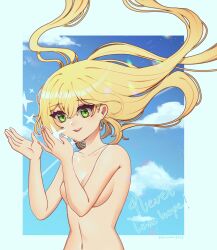 Rule 34 | 1girl, blonde hair, border, breasts, cloud, collarbone, completely nude, day, english text, floating hair, green eyes, hair between eyes, hands up, highres, long hair, looking at hands, medium breasts, navel, nude, original, outdoors, smile, solo, sparkle, teeth, upper teeth only, violucana, white border