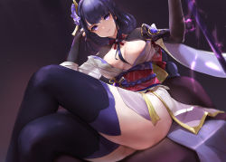 Rule 34 | 1girl, areola slip, armor, black thighhighs, braid, breasts, bridal gauntlets, cleavage, closed mouth, commentary request, crossed legs, dutch angle, flower, genshin impact, gong cha, hair ornament, highres, japanese clothes, kimono, large breasts, light particles, long hair, looking at viewer, mole, mole on breast, mole under eye, nipple piercing, nipple slip, nipples, piercing, purple eyes, purple flower, purple hair, raiden shogun, ribbon, sash, shoulder armor, simple background, sitting, solo, sword, thighhighs, thighs, weapon