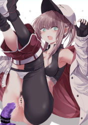 Rule 34 | 1girl, after insertion, anus, ar-57 (girls&#039; frontline), bar censor, black legwear, blue eyes, breasts, censored, clothes pull, covered erect nipples, crop top, dildo, earrings, female pubic hair, fingerless gloves, girls&#039; frontline, gloves, hat, highres, jewelry, legs up, long hair, long sleeves, looking at viewer, mishima hiroji, open mouth, panties, panty pull, pubic hair, pussy, pussy juice, sex toy, shorts, shorts pull, simple background, single leg pantyhose, solo, underwear, white background
