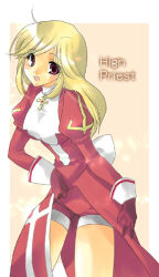 Rule 34 | 1girl, :d, beige background, blonde hair, blush, character name, cross, cross necklace, gloves, high priest (ragnarok online), jewelry, minase ruruu, necklace, open mouth, pendant, priestess, ragnarok online, red eyes, red gloves, shorts, silver hair, simple background, smile, solo, standing, teasing, title
