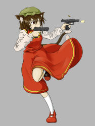 Rule 34 | 1girl, animal ears, brown eyes, brown hair, bullet casing, casing ejection, cat ears, cat girl, cat tail, chen, cocking gun, dual wielding, earrings, artistic error, female focus, firing, fubuki (ringdeng), fubuki ringdeng, glock, gun, handgun, hat, highres, holding, holding gun, holding weapon, jewelry, multiple tails, muzzle flash, one eye closed, pistol, semi-automatic firearm, shell casing, short hair, solo, tail, touhou, weapon, wink