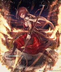Rule 34 | 1girl, blue eyes, boots, breasts, brown hair, commentary request, copyright request, fire, full body, grass, hand tattoo, jewelry, knee boots, large breasts, legs apart, looking at viewer, mana (remana), necklace, night, night sky, official art, outdoors, parted lips, polearm, rock, scabbard, sheath, sheathed, sky, smirk, solo, spear, standing, sword, tattoo, vambraces, weapon