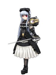 Rule 34 | 1girl, bad id, bad pixiv id, boots, bow, chain, cosmic break, cross, gothic lolita, hair bow, ivis, lolita fashion, platform footwear, pleated skirt, red eyes, silver hair, skirt, solo, sword, weapon