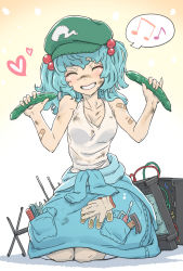 Rule 34 | 1girl, bandaid, bandaid on arm, bare shoulders, blue hair, bruise, cable, closed eyes, clothes around waist, cucumber, dirty, dirty clothes, dirty face, food, full body, gloves, green hat, grin, hair bobbles, hair ornament, hammer, hat, heart, highres, holding, holding food, injury, jacket, jacket around waist, kawashiro nitori, kawayabug, kneeling, musical note, pocket, radio antenna, screwdriver, shirt, smile, solo, speech bubble, spoken musical note, sweat, tank top, touhou, white shirt, wrench