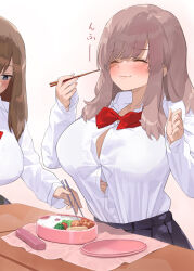 Rule 34 | 2girls, blush, bow, bowtie, breasts, brown hair, button gap, chopsticks, closed eyes, closed mouth, collared shirt, eating, food, holding, holding chopsticks, kaisen chuui, large breasts, long sleeves, medium hair, multiple girls, original, red bow, red bowtie, school uniform, shirt, solo focus, white shirt