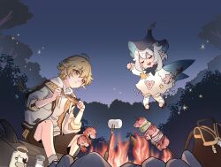 1boy 1girl aether_(genshin_impact) ahoge alternate_costume blonde_hair bottle brown_shorts campfire charlieinoni closed_eyes dress eating food forest genshin_impact highres hood hoodie jacket long_hair marshmallow milk_bottle nature night night_sky outdoors paimon_(genshin_impact) shorts skewer sky white_dress white_hair white_hoodie yellow_eyes