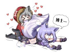 Rule 34 | &gt; &lt;, 2girls, :3, absurdres, animal ears, arknights, biting, biting another&#039;s tail, black footwear, blush, boots, braid, chibi, chinese text, claws, crying, extra ears, fang, fang out, gloves, grey hair, happy, heart, highres, hood, hood up, hooded jacket, jacket, large tail, long hair, lying, minyuan471, multiple girls, on stomach, open mouth, projekt red (arknights), provence (arknights), purple gloves, purple hair, purple shirt, red jacket, shirt, simple background, speech bubble, tail, tail biting, translated, wavy mouth, white background, wolf ears, wolf girl, wolf tail